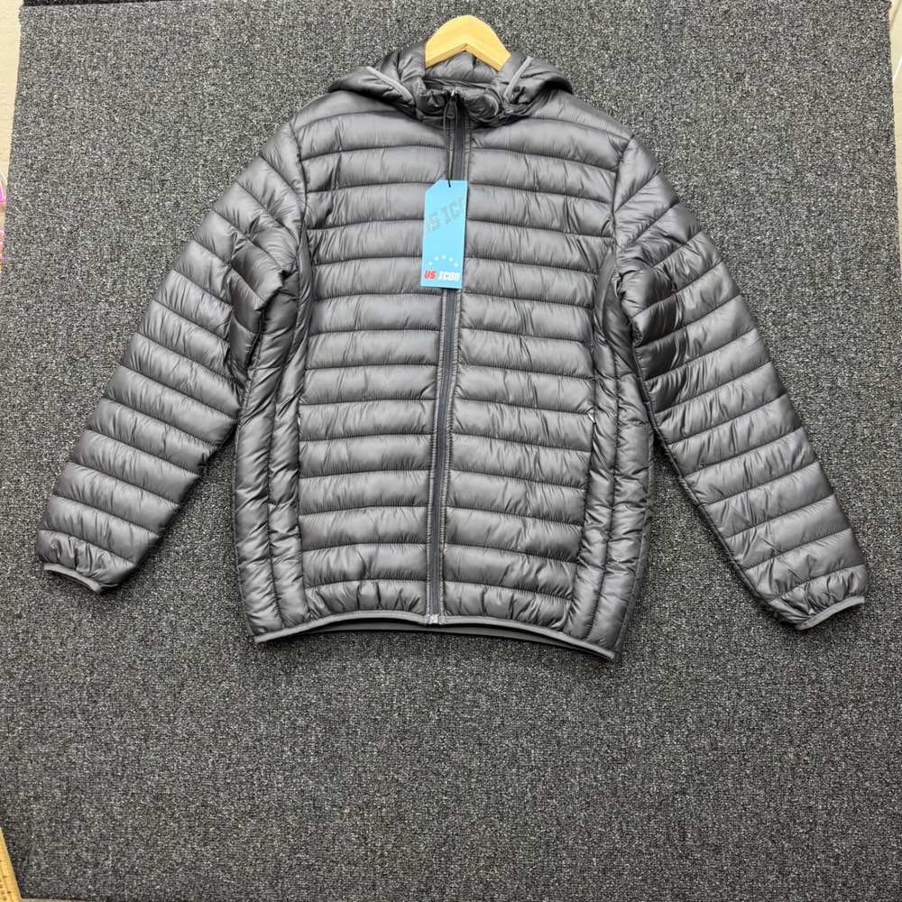 US ICON Puffer Jacket LUJ21A Hooded Quilted Mens SZ M Gray NEW w flaws outdoor